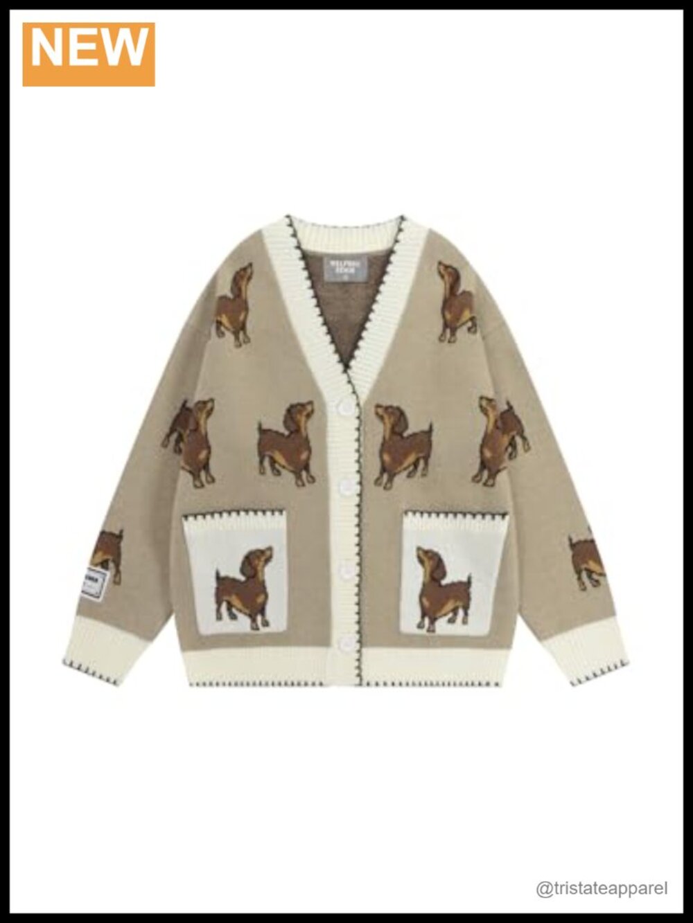 Hand Drawn Dachshund Cardigan Sweater V Neck Long Sleeve Button Down Knit Coat